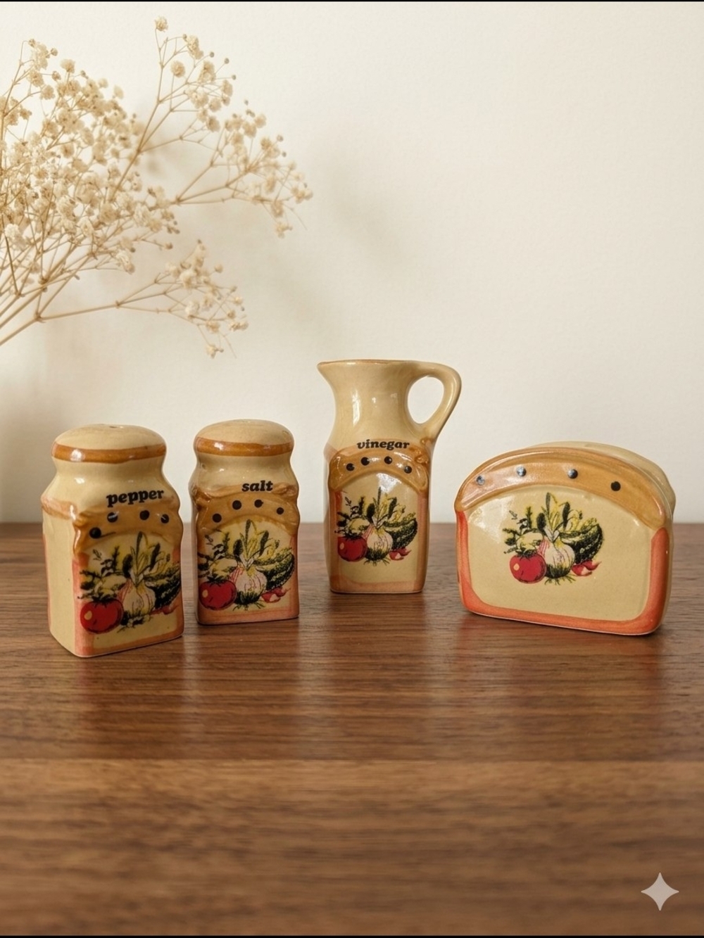 Ceramic Kitchen Set – Salt & Pepper, Vinegar Jug, Napkin Holder – Garden Veggie